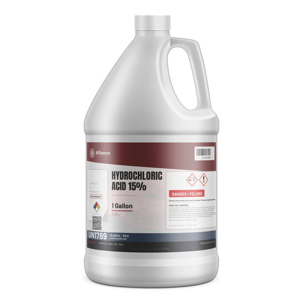 Hydrochloric Acid 15% ACS Reagent Grade in a 1-gallon white plastic jug from Alliance Chemical