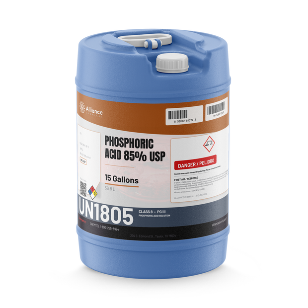 Phosphoric Acid 85% USP Food Grade in a blue 15-gallon plastic carboy, Alliance Chemical