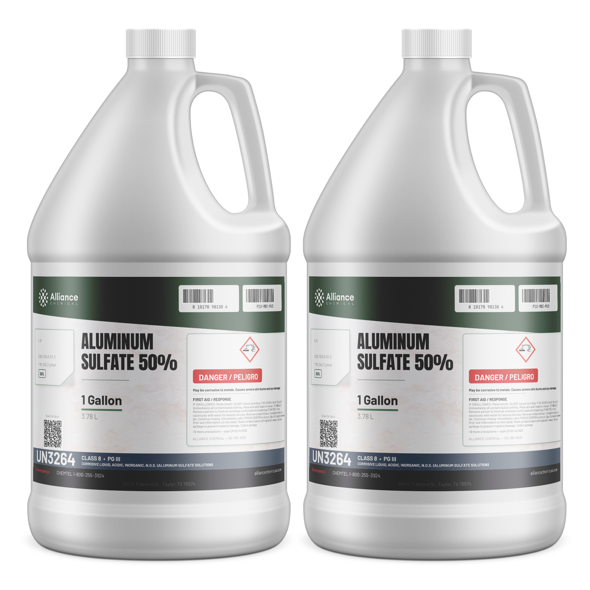 Aluminum Sulfate 50% solution in two 1-gallon plastic jugs for water treatment, Alliance Chemical