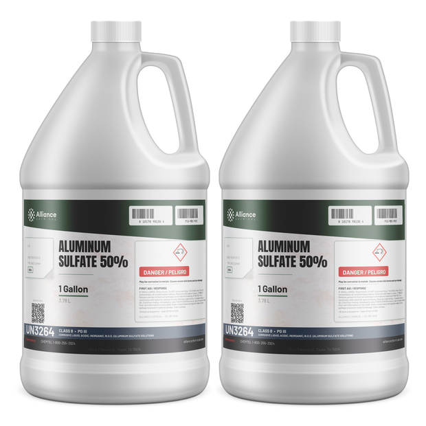 Aluminum Sulfate 50% solution in two 1-gallon plastic jugs for water treatment, Alliance Chemical