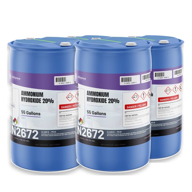 Ammonium Hydroxide 20% Technical Grade in four 55-gallon blue drums, Alliance Chemical
