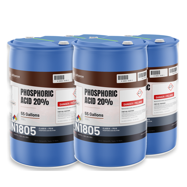 Phosphoric Acid 20% ACS Grade in four 55-gallon blue polyethylene drums from Alliance Chemical