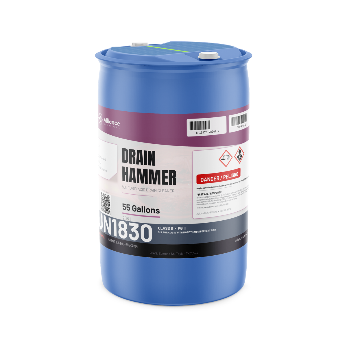 Sulfuric acid drain cleaner in a 55-gallon blue plastic drum for commercial plumbing, Alliance Chemical