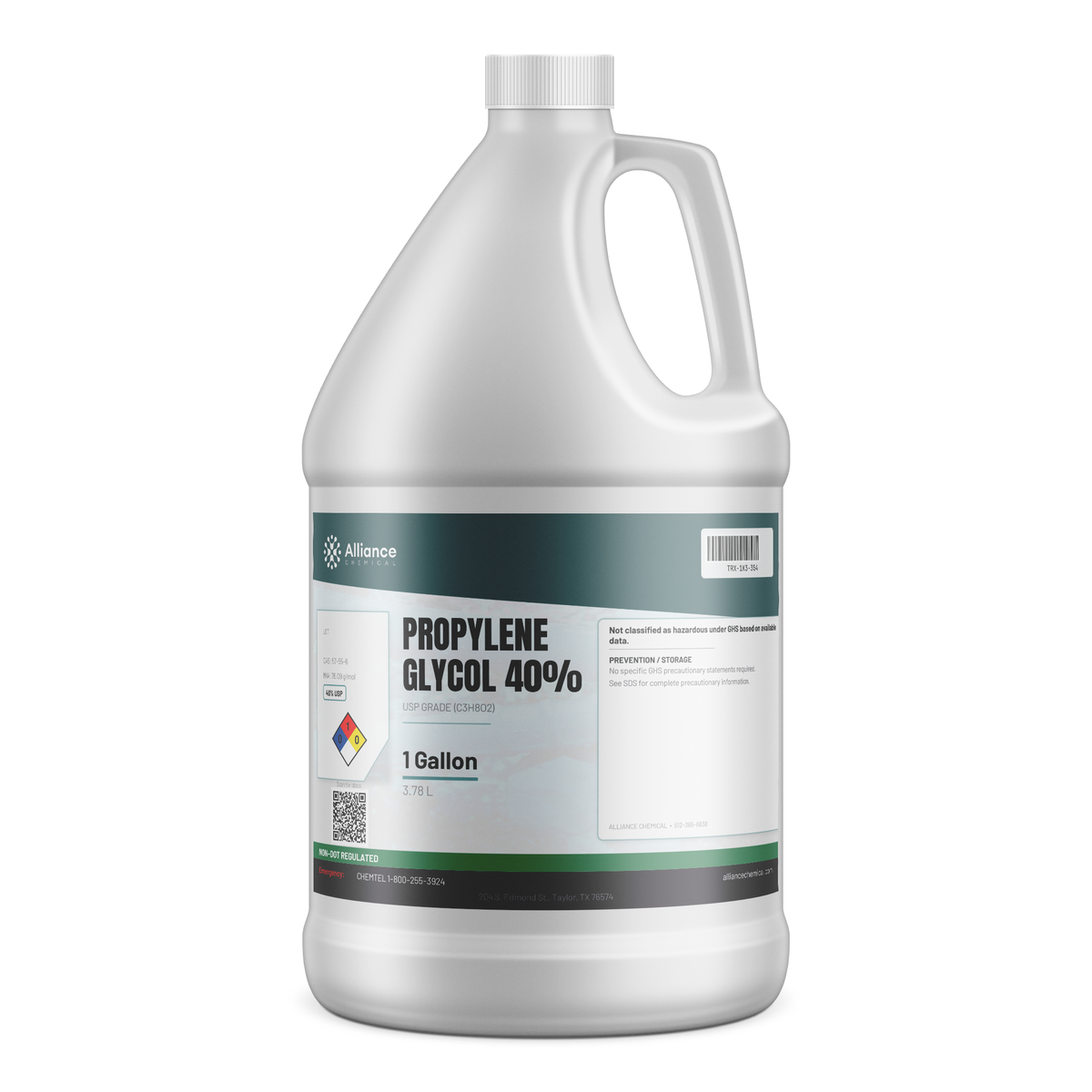 Propylene Glycol 40% USP Grade in a 1-gallon white plastic jug with handle, Alliance Chemical