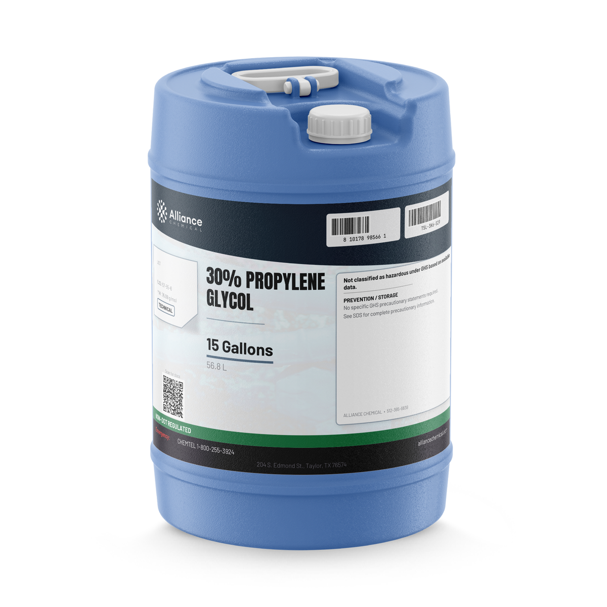 30% Propylene Glycol Technical Grade in a blue 15-gallon carboy, Alliance Chemical