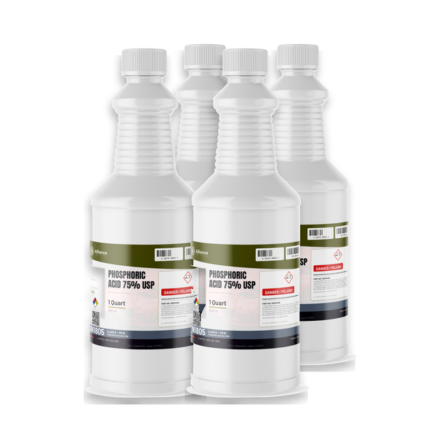 Phosphoric Acid 75% USP Food Grade in four 1-quart bottles from Alliance Chemical for pH adjustment