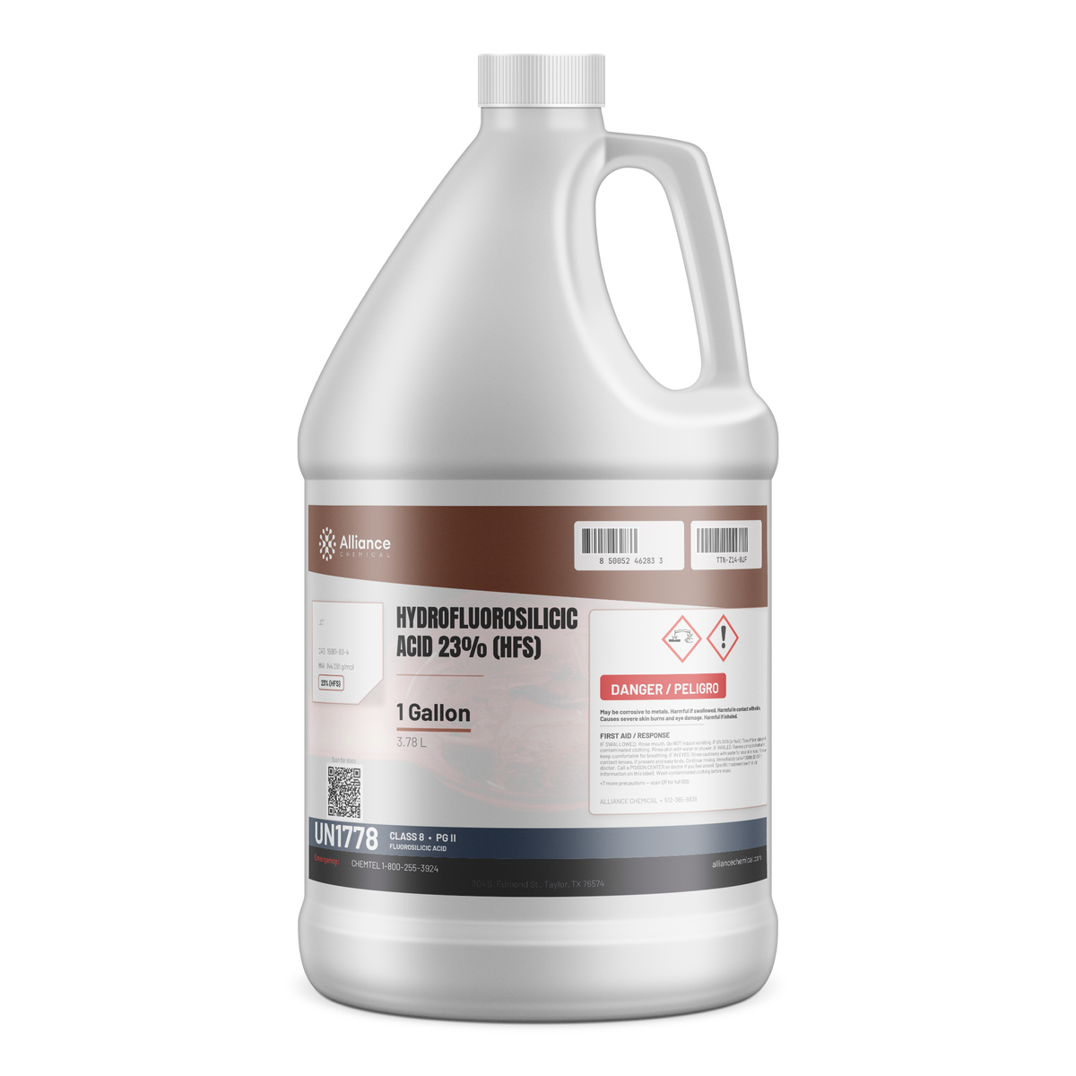 Hydrofluorosilicic Acid 23% Technical Grade in a 1-gallon plastic jug, Alliance Chemical