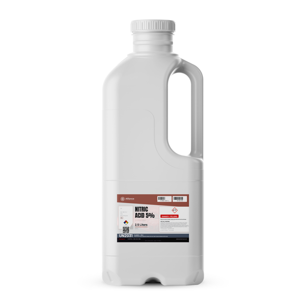 Nitric Acid 5% Technical Grade in a white 2.5-liter plastic jug for metal pickling, Alliance Chemical