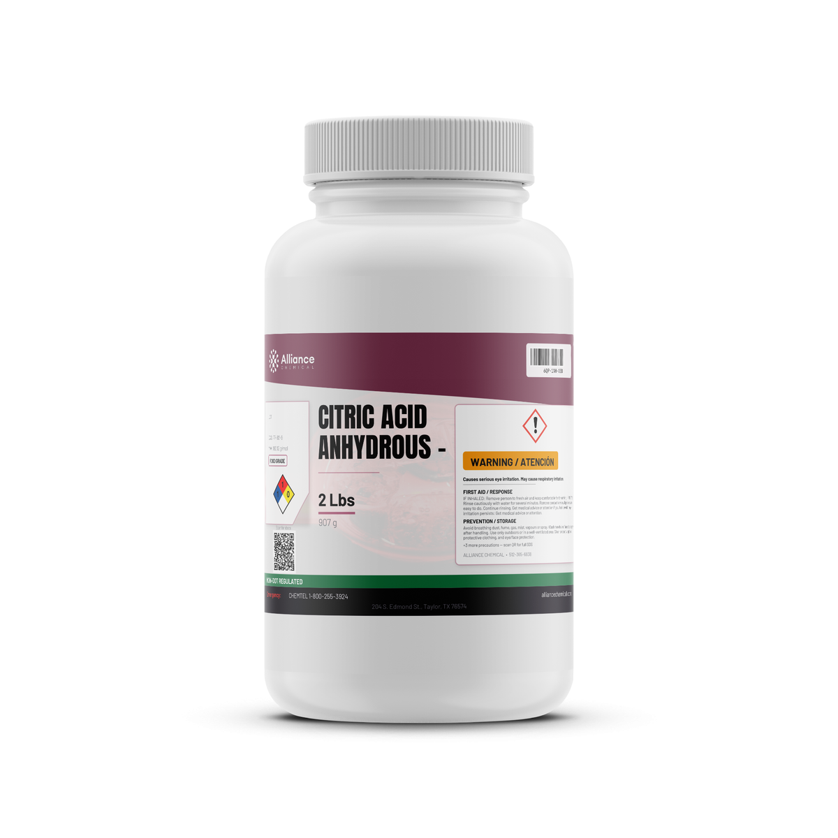 Citric acid anhydrous food grade 2 lb white plastic bottle from Alliance Chemical for food and beverage production