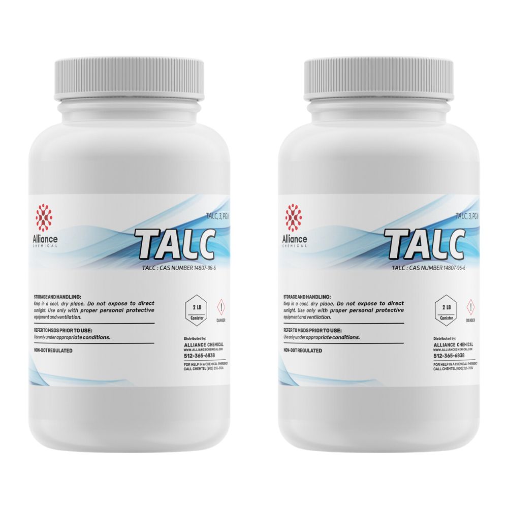 2-lb white HDPE bottles of industrial-grade talc powder (CAS 14807-96-6) with safety warnings, Alliance Chemical branding and hazard symbol.