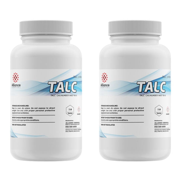 2-lb HDPE bottles of talc powder , Alliance Chemical branding and hazard symbol