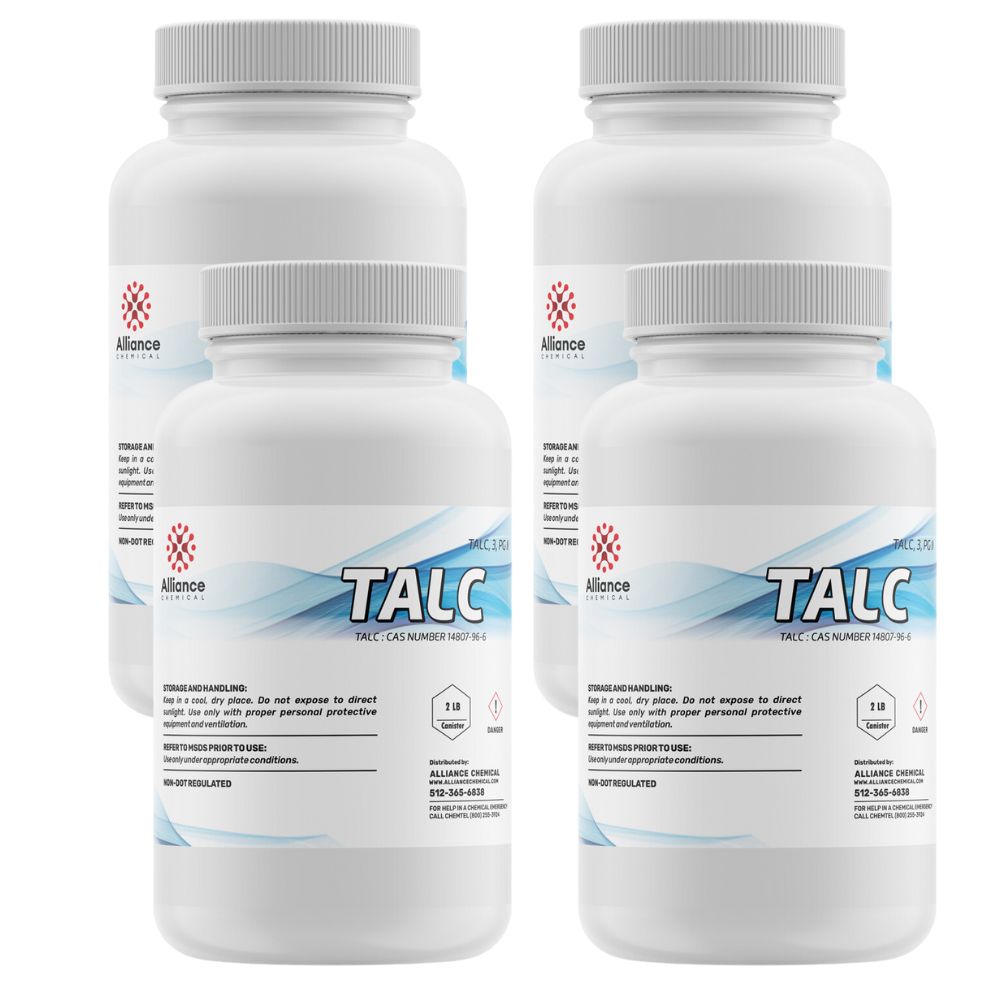 2-lb white HDPE bottles of industrial-grade talc powder (CAS 14807-96-6) with Alliance Chemical branding, hazard symbol and safety handling instructions.
