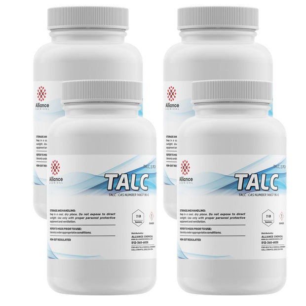 2-lb HDPE bottles of talc powder  with Alliance Chemical branding, hazard symbol and safety handling instructions
