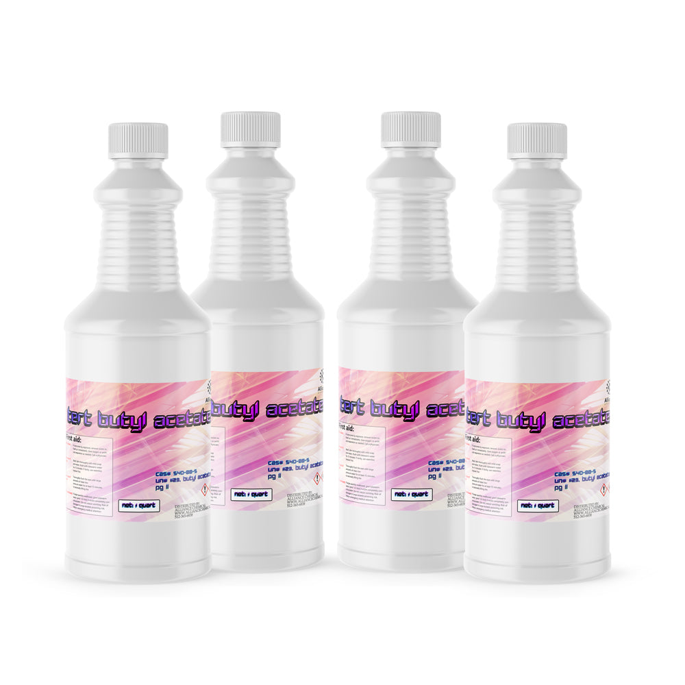 32 oz white HDPE bottles of tert-butyl acetate (TBA), industrial solvent with pink gradient labels, hazard symbols, and child-resistant caps.
