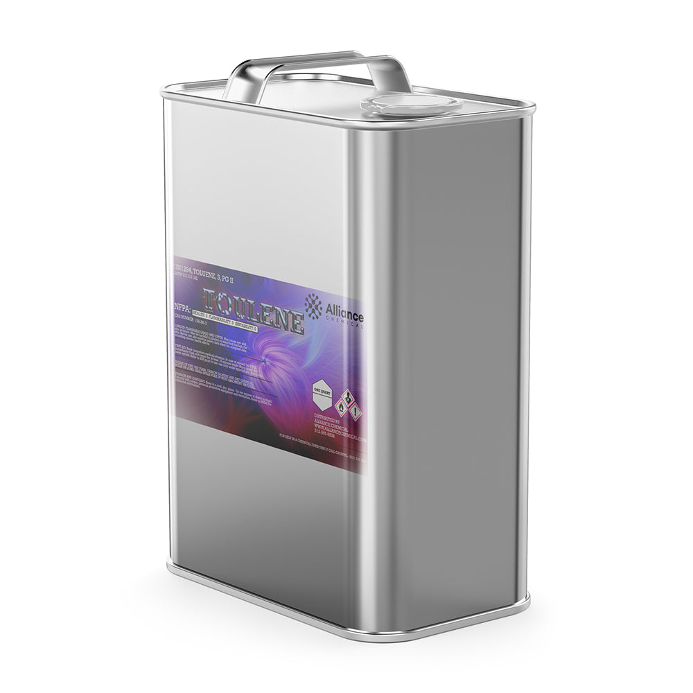 1-quart metal canister of industrial toluene solvent with purple hazard warning label, sealed metal handle, Alliance Chemical branding, GHS pictograms.