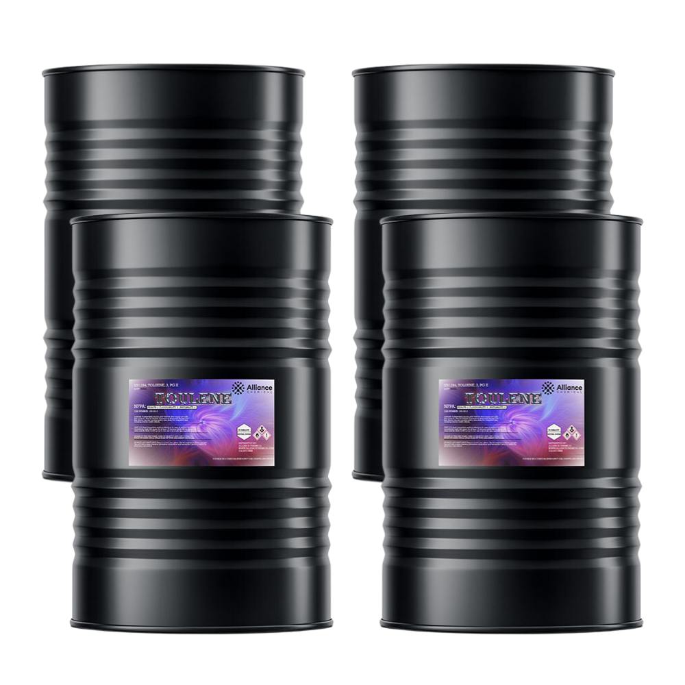 4x55 gallon black steel drums of industrial toluene solvent with safety/hazard labels, Alliance Chemical branded, sealed industrial containers.
