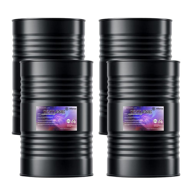 4x55 gallon black steel drums of industrial toluene solvent with safety/hazard labels, Alliance Chemical branded, sealed
