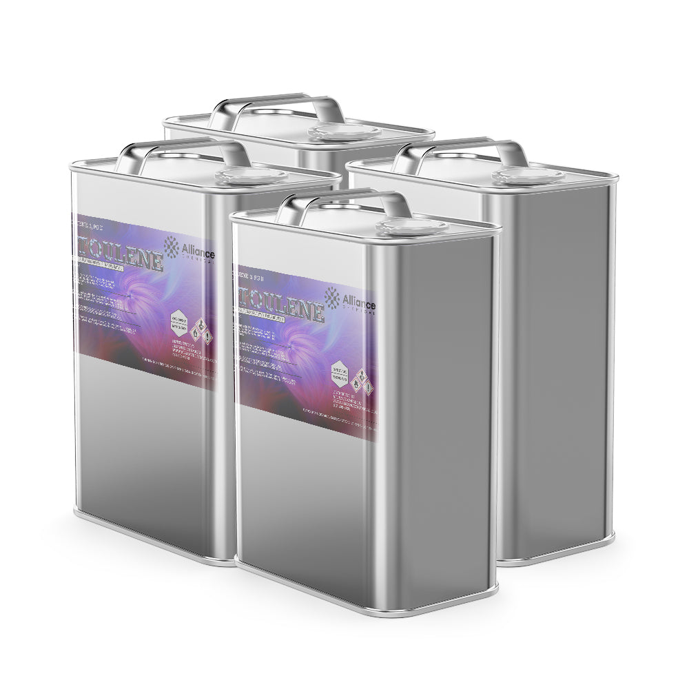 Quart-sized silver metal cans of industrial toluene solvent, Alliance Chemical brand, with purple gradient labels and hazard warning symbols, sealed handles.