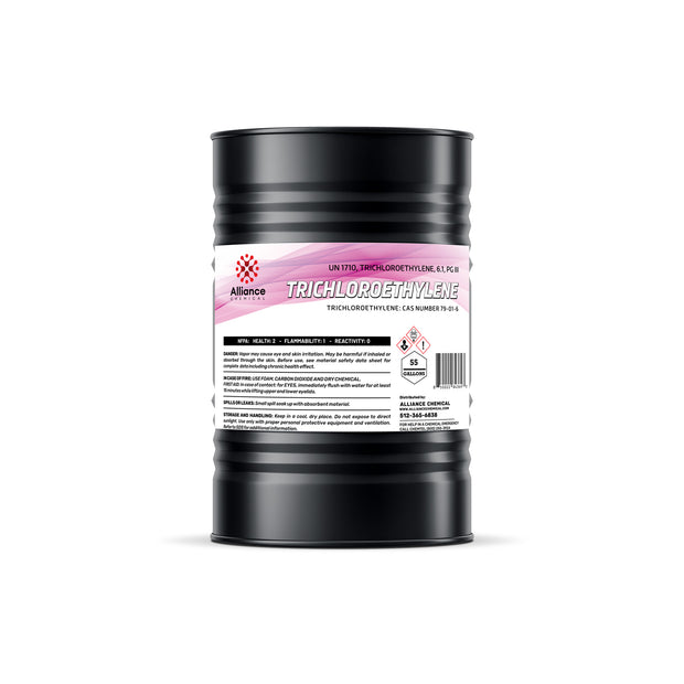 Alliance Chemical 55-gallon black steel drum of Trichloroethylene (TCE), technical grade, with NFPA diamond 2-1-0