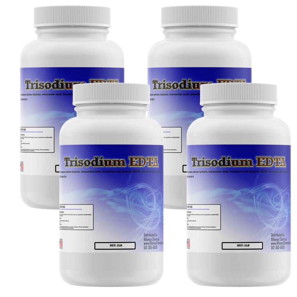 2LB white HDPE bottles of Trisodium EDTA powder, 4-pack, pharmaceutical-grade chelating agent with blue gradient labels, distributed by Alliance Chemical.