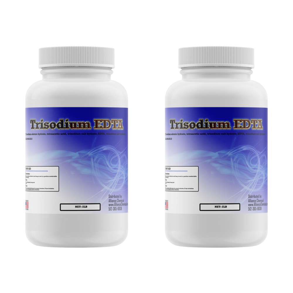 2lb white HDPE bottles of Trisodium EDTA chelating agent powder, blue gradient label design, distributed by Alliance Chemical, pharmaceutical grade.