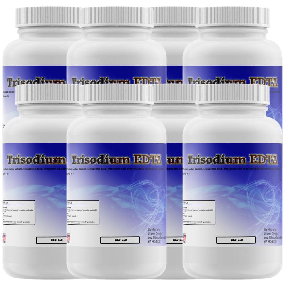 2LB white HDPE containers of Trisodium EDTA (tetrasodetic acid) industrial chelating agent in pharmaceutical-grade bottles with blue labeling.