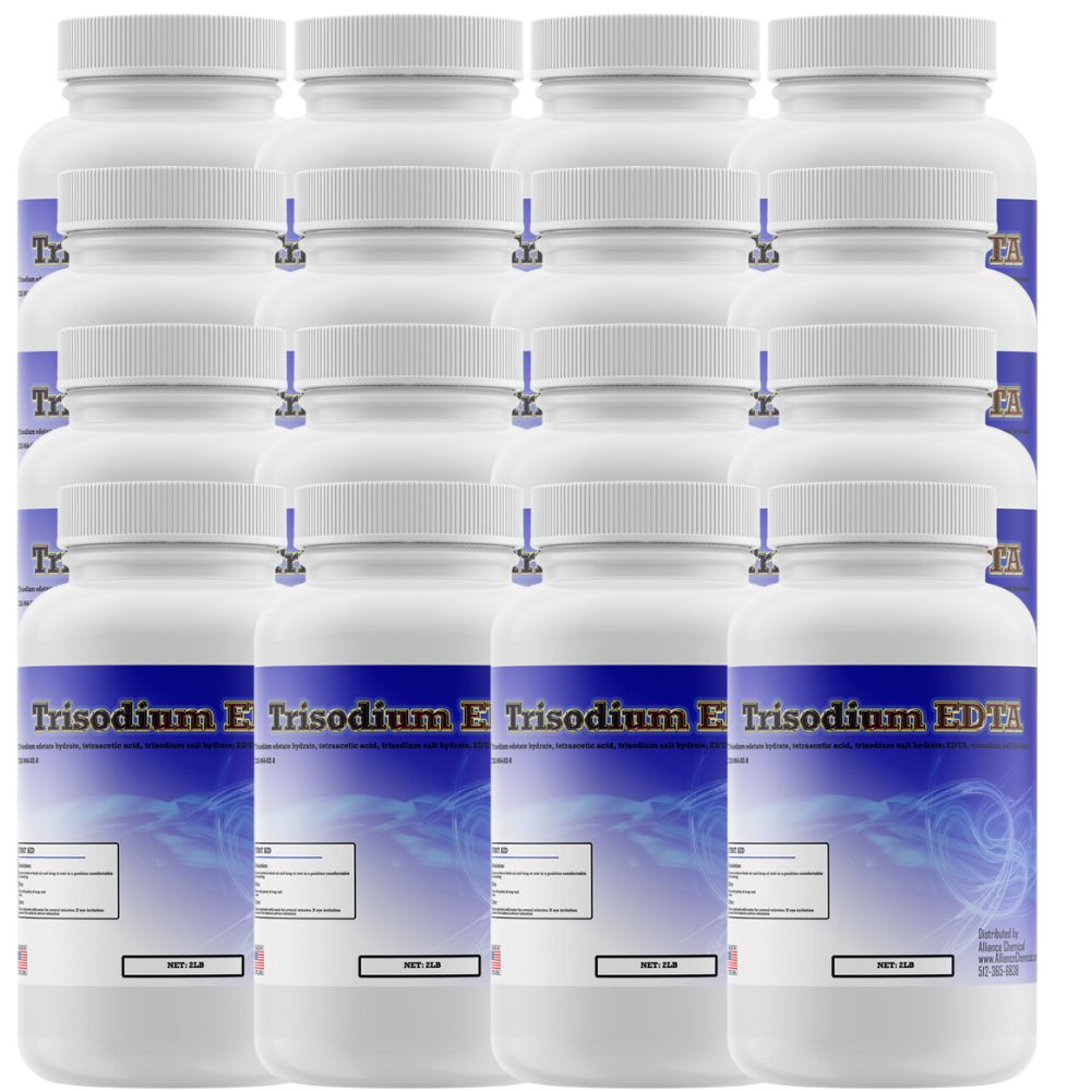 Twelve plastic bottles of Alliance Chemical Trisodium EDTA with white ribbed caps and product labels.