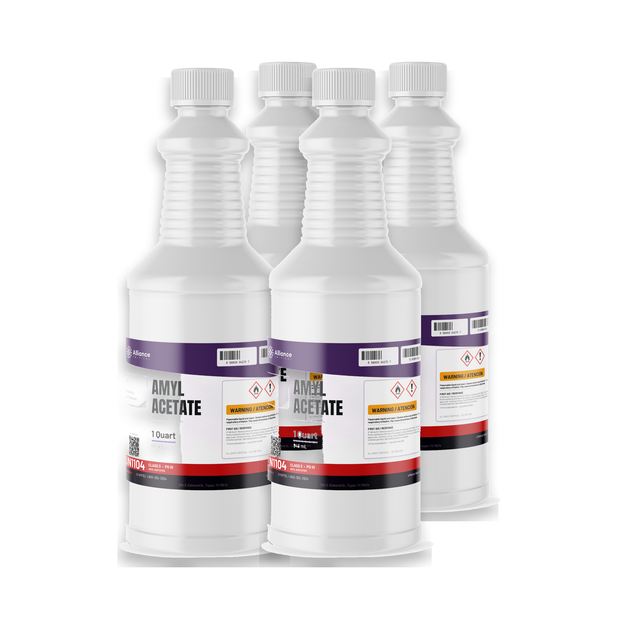 Technical grade Amyl Acetate liquid in four 1-quart plastic bottles, Alliance Chemical