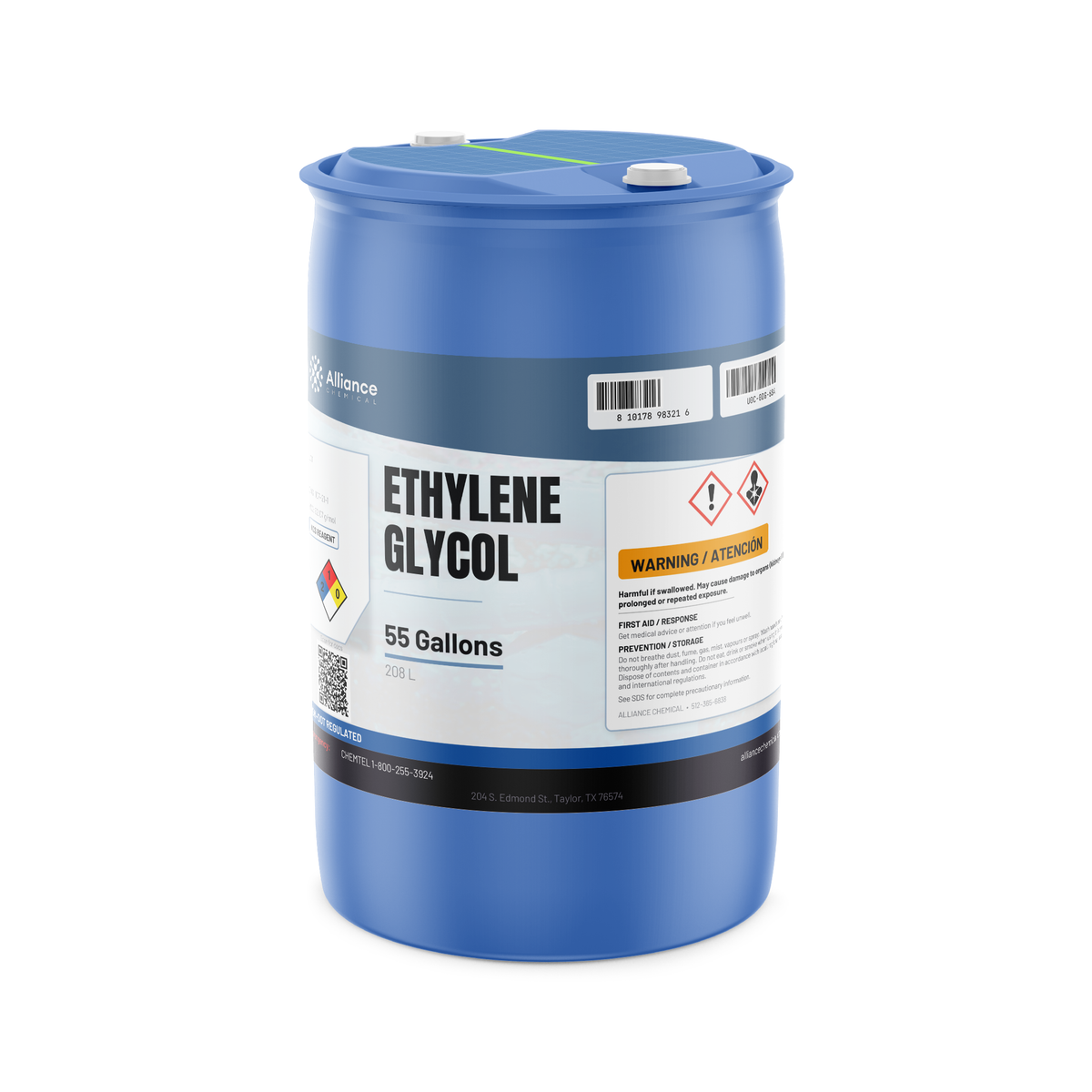 Ethylene Glycol ACS Grade in a 55-gallon blue closed-head plastic drum, Alliance Chemical