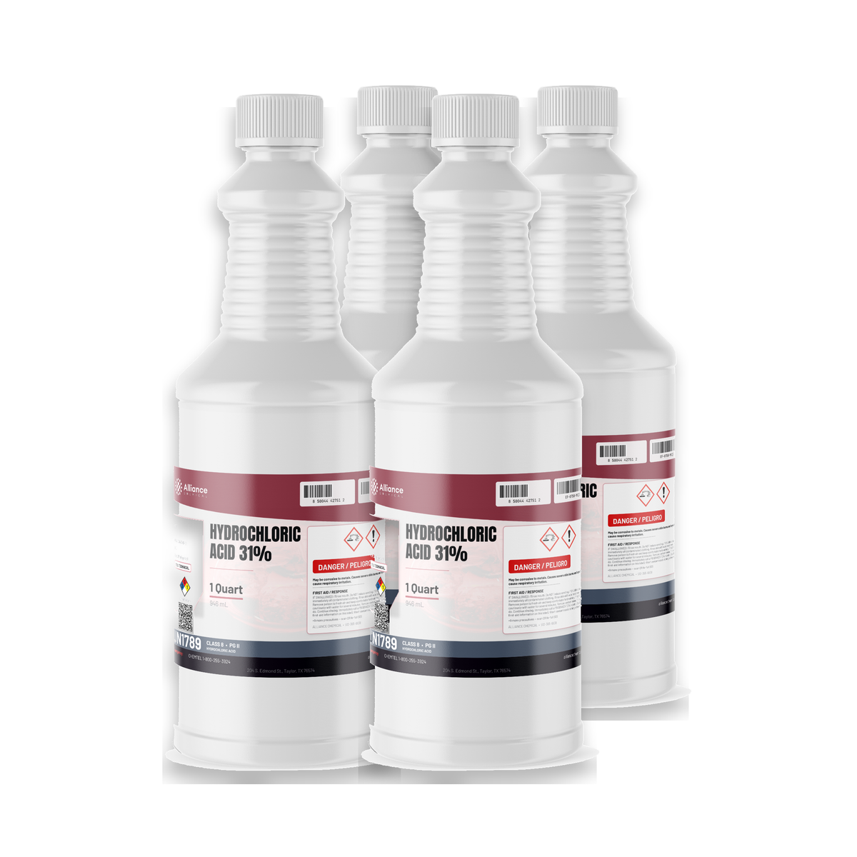 Hydrochloric Acid 31% Technical Grade, four 1-quart plastic bottles, Alliance Chemical