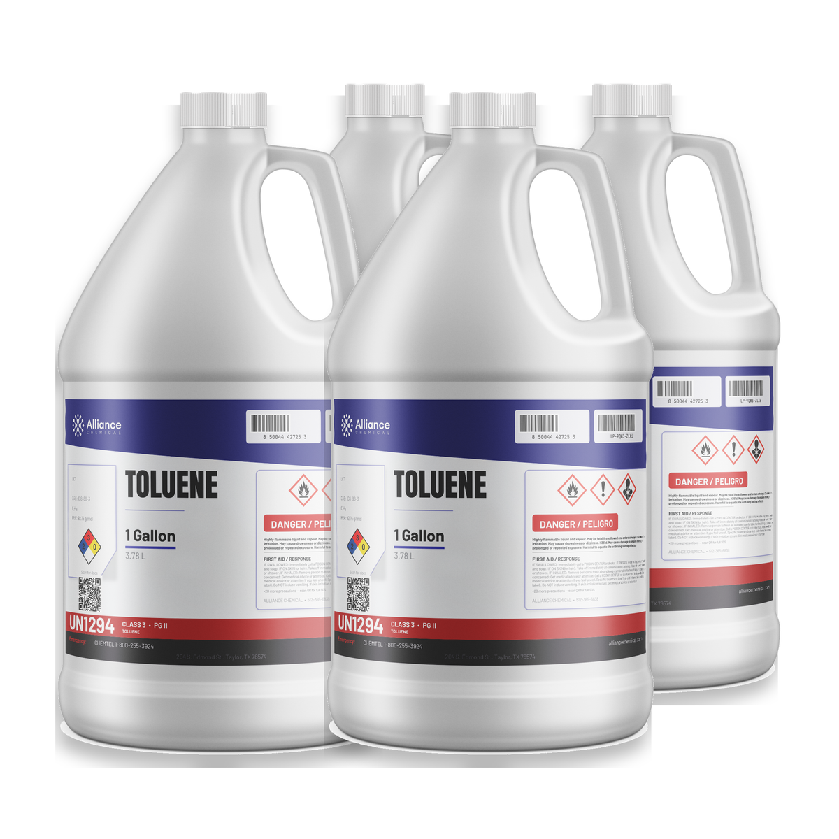 Toluene 99.5% Technical Grade in four 1-gallon jugs for industrial paint thinners and lacquers, Alliance Chemical
