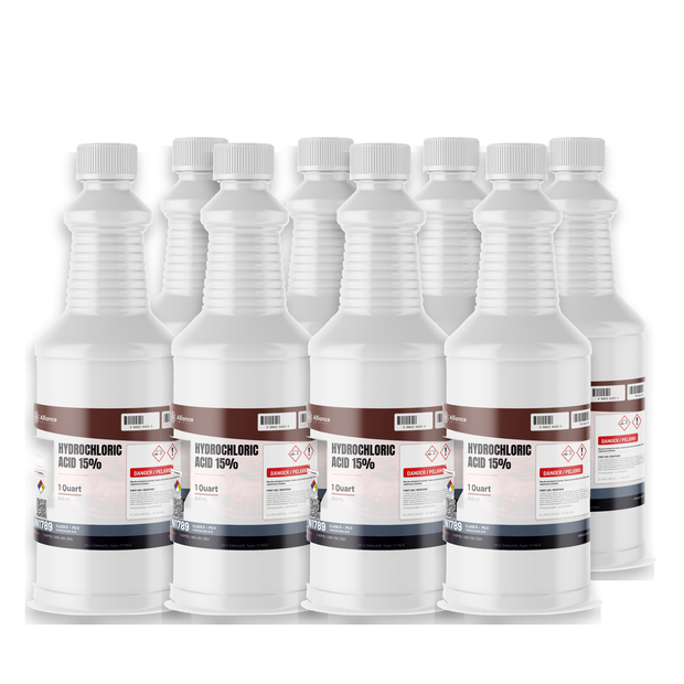 Hydrochloric Acid 15% Technical Grade in eight 1-quart plastic bottles by Alliance Chemical