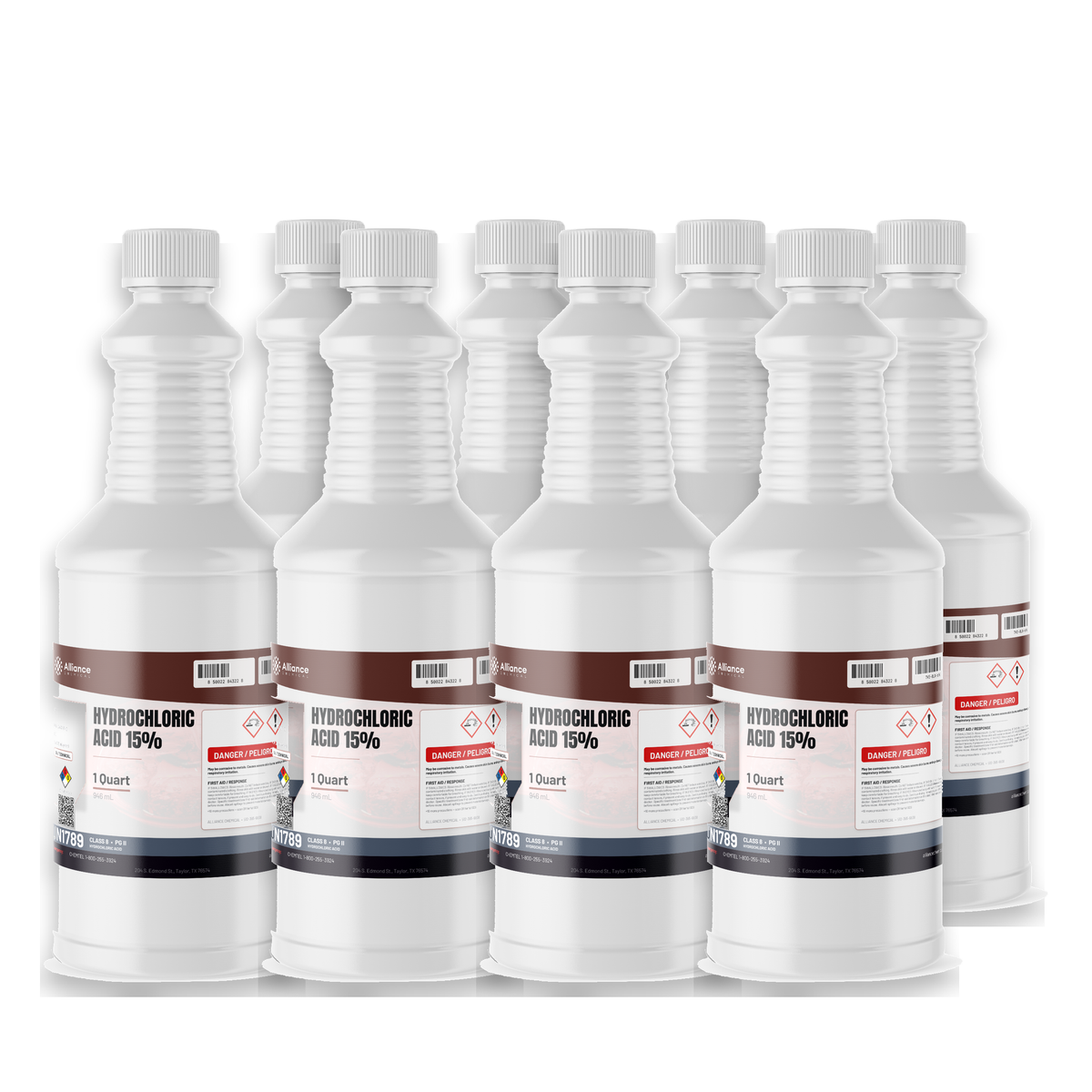 Hydrochloric Acid 15% Technical Grade in eight 1-quart plastic bottles for concrete etching, Alliance Chemical