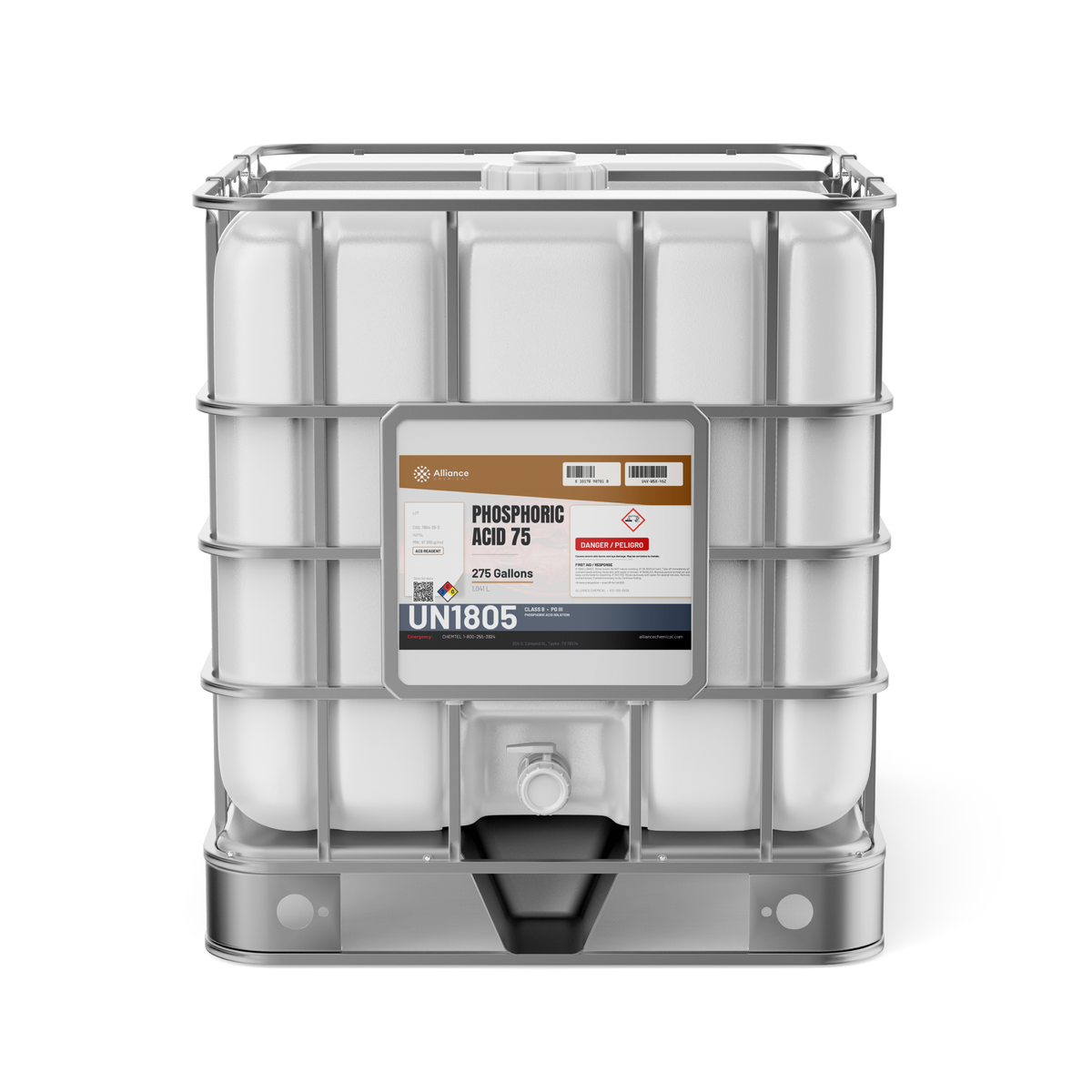 Phosphoric acid 75 ACS reagent grade in a 275-gallon IBC tote for metal surface etching, Alliance Chemical
