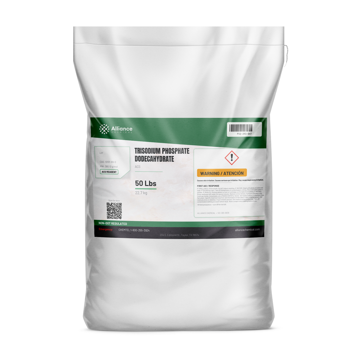 Trisodium phosphate dodecahydrate ACS reagent grade in a 50-pound bag for buffer preparation, Alliance Chemical