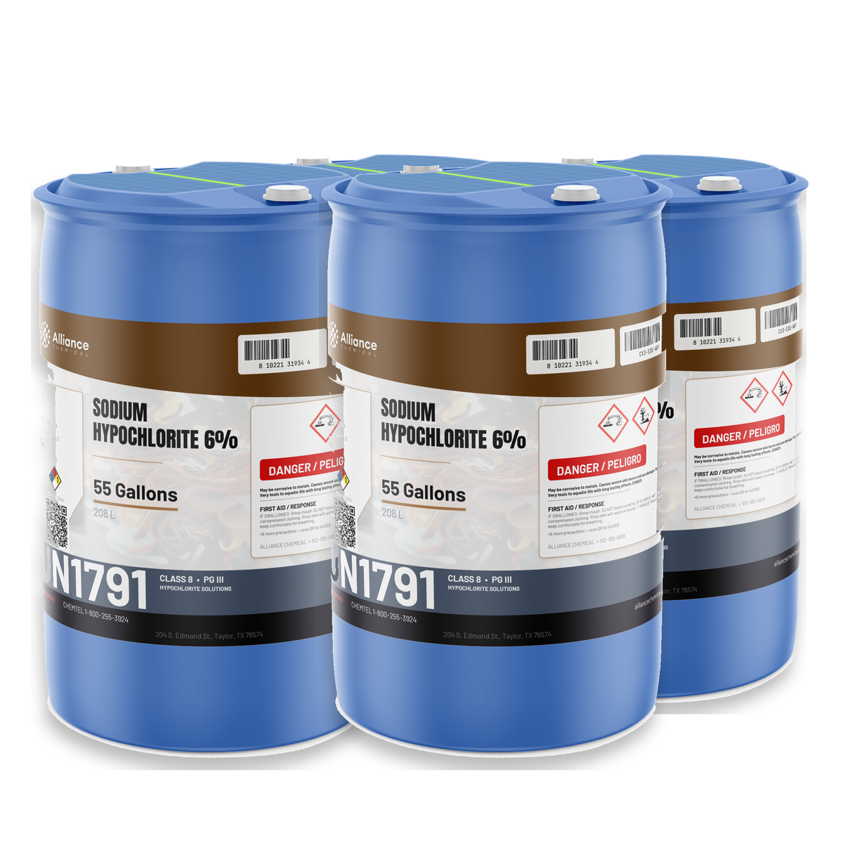 Sodium Hypochlorite 6% Technical Grade in four 55-gallon drums from Alliance Chemical