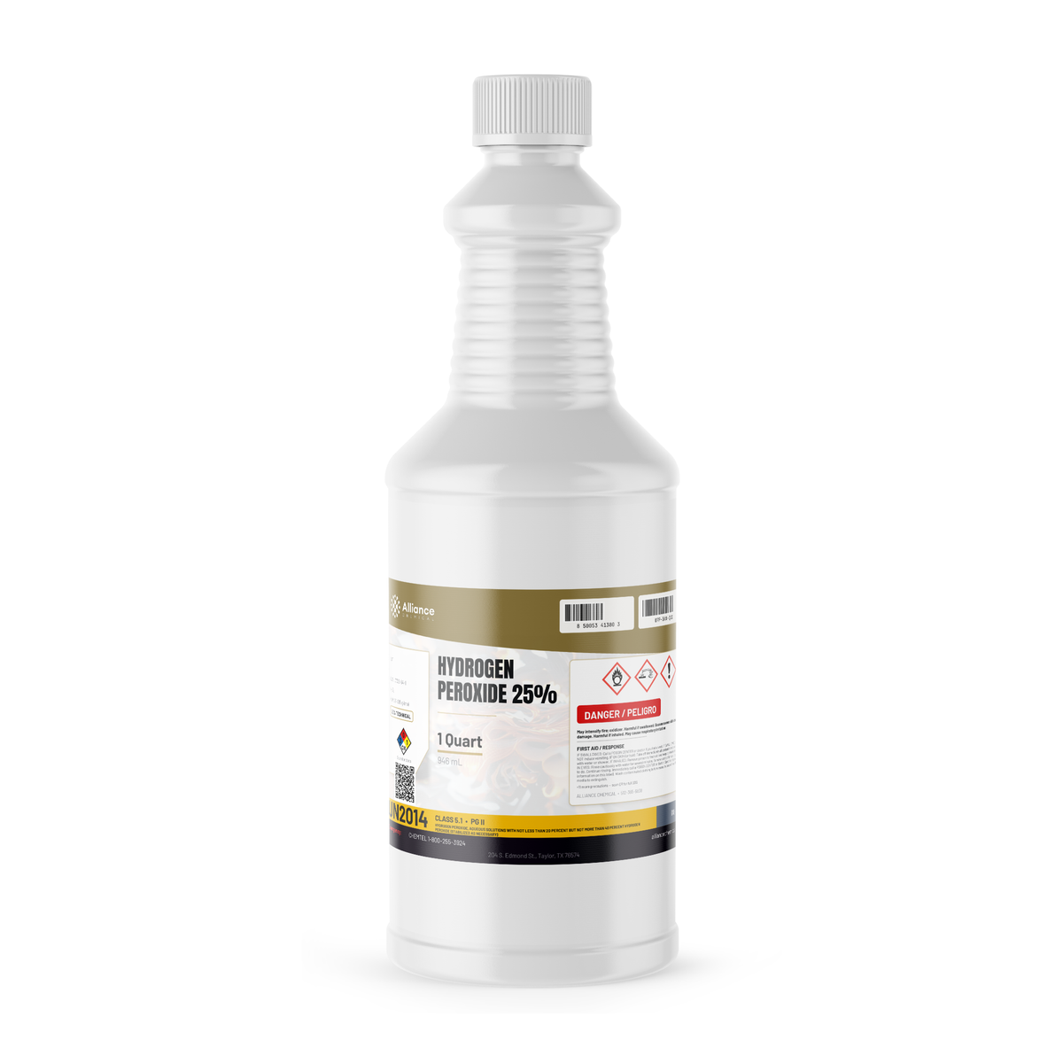 Hydrogen Peroxide 25% Technical Grade in a 1-quart white plastic bottle, Alliance Chemical
