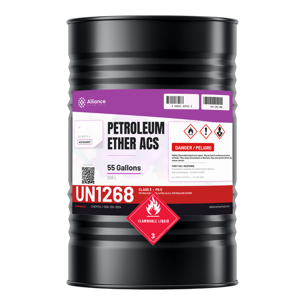Petroleum Ether ACS Reagent Grade in a 55-gallon steel drum from Alliance Chemical