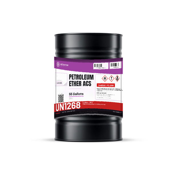 Petroleum Ether ACS Reagent Grade in a 55-gallon steel drum from Alliance Chemical for laboratory extraction and degreasing
