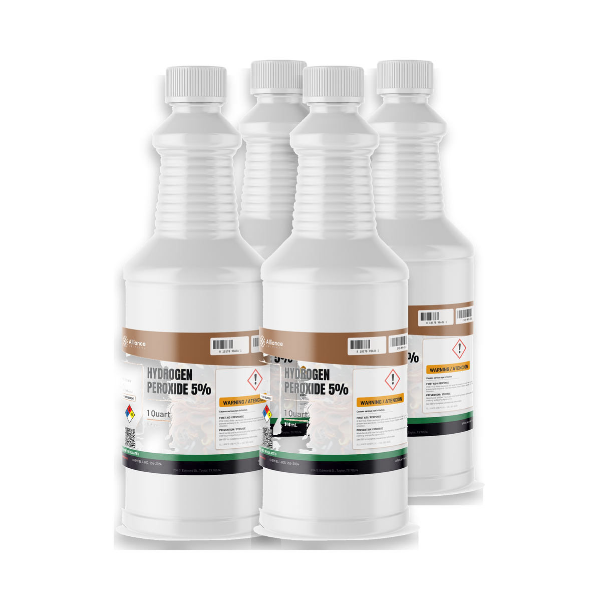 Hydrogen Peroxide 5% ACS Grade in four 1-quart bottles, Alliance Chemical, for laboratory sample digestion and titrations
