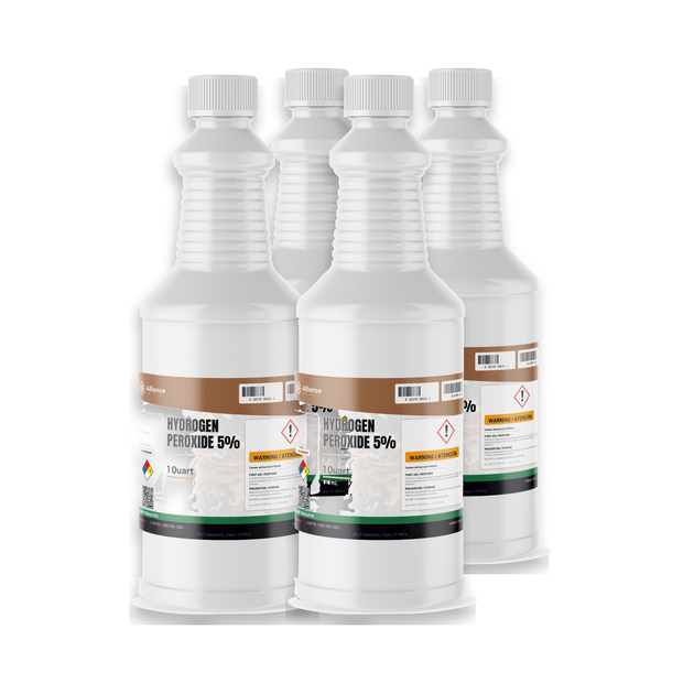 Hydrogen Peroxide 5% ACS Grade in four 1-quart bottles, Alliance Chemical, for laboratory sample digestion and titrations