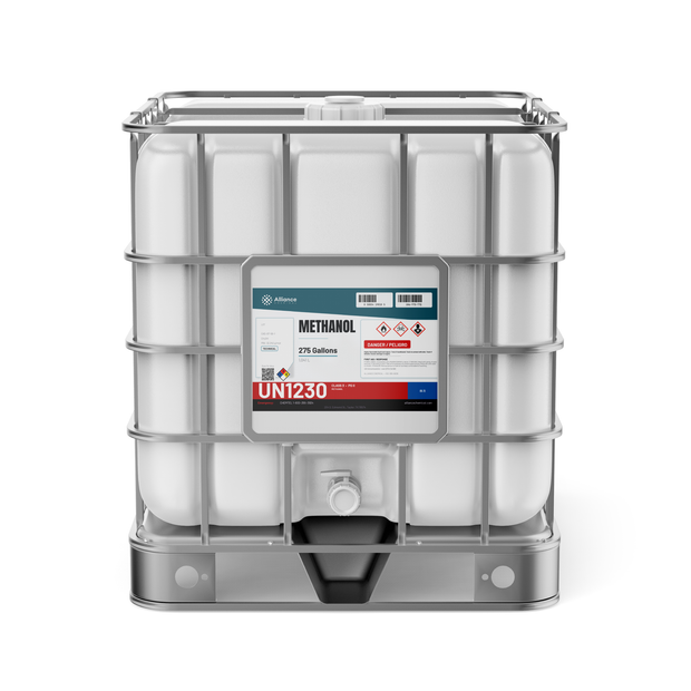 Methanol Technical Grade in a 275-gallon IBC tote for chemical synthesis feedstock from Alliance Chemical