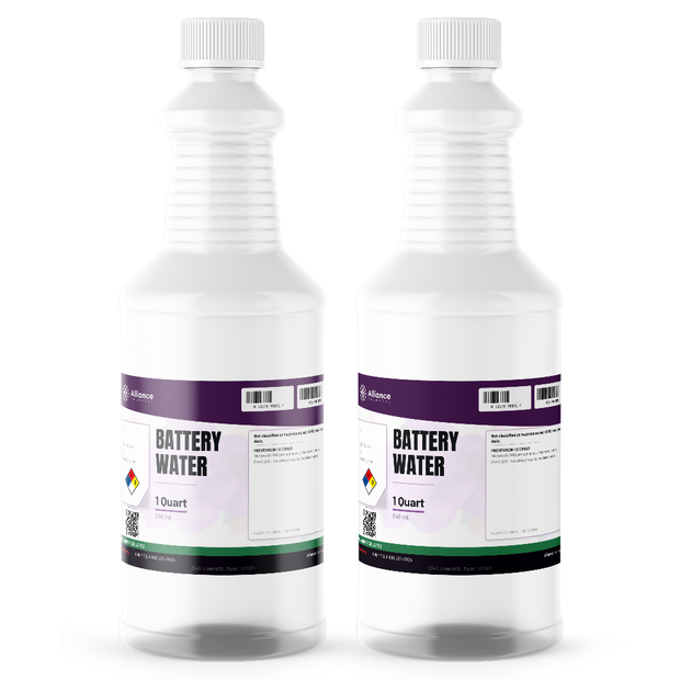 Technical grade deionized battery water in two 1-quart plastic bottles, Alliance Chemical