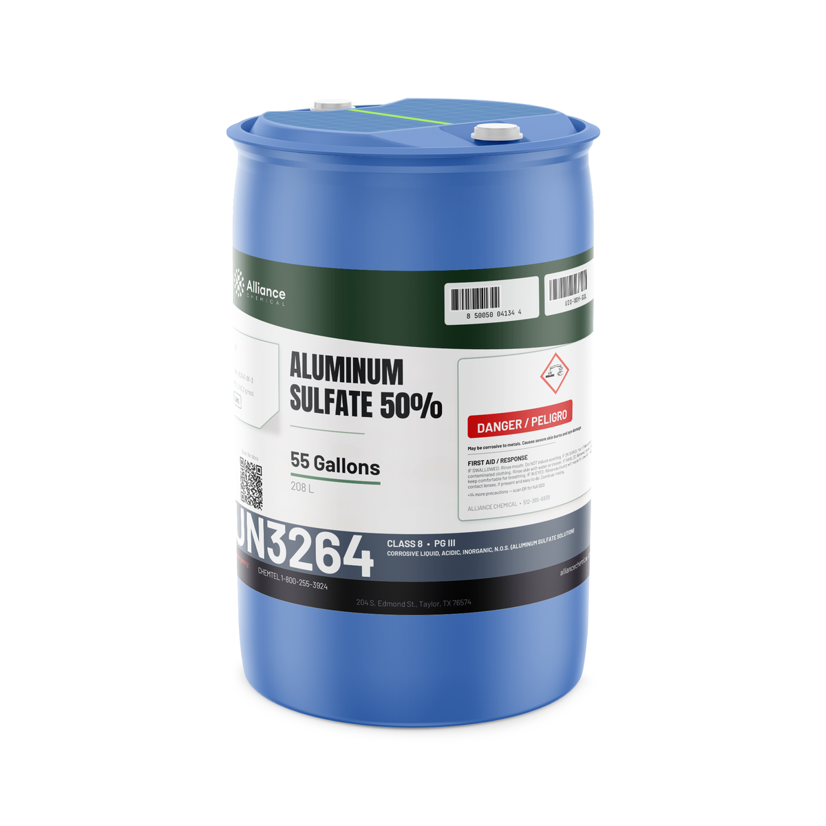 Aluminum sulfate 50% technical grade in a 55-gallon blue plastic drum for water treatment, Alliance Chemical