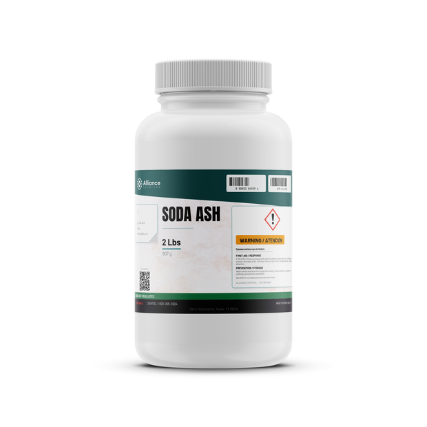 Technical Grade 100% Soda Ash in a 2-pound white plastic bottle, Alliance Chemical