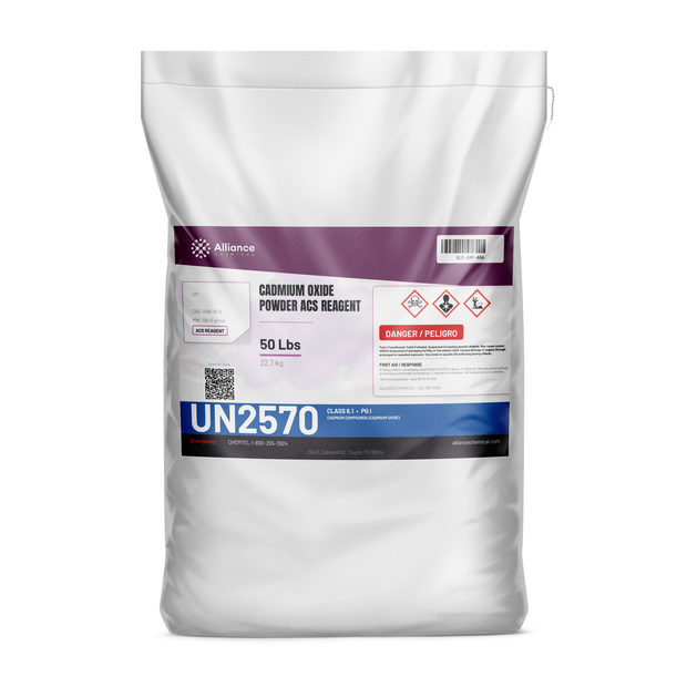 Cadmium Oxide Powder ACS Reagent Grade in a 50 lb sealed bag from Alliance Chemical