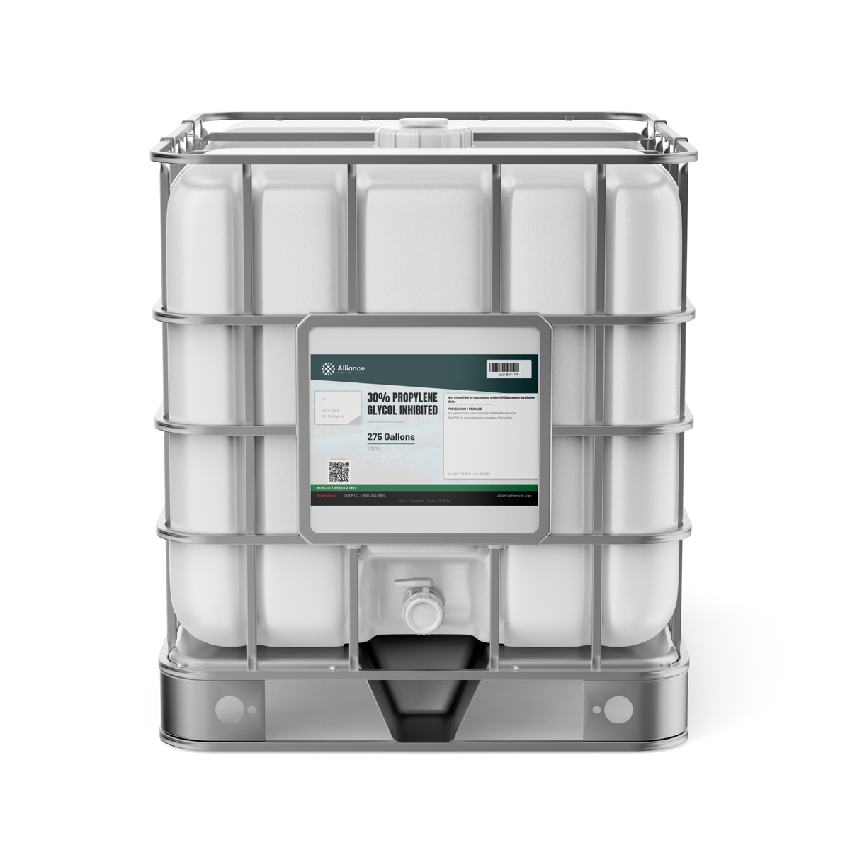 30% Propylene Glycol Inhibited in a 275-gallon IBC tote from Alliance Chemical for HVAC freeze protection
