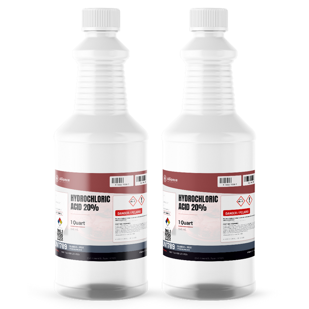 Hydrochloric Acid 20% Technical Grade in two 1-quart plastic bottles, Alliance Chemical