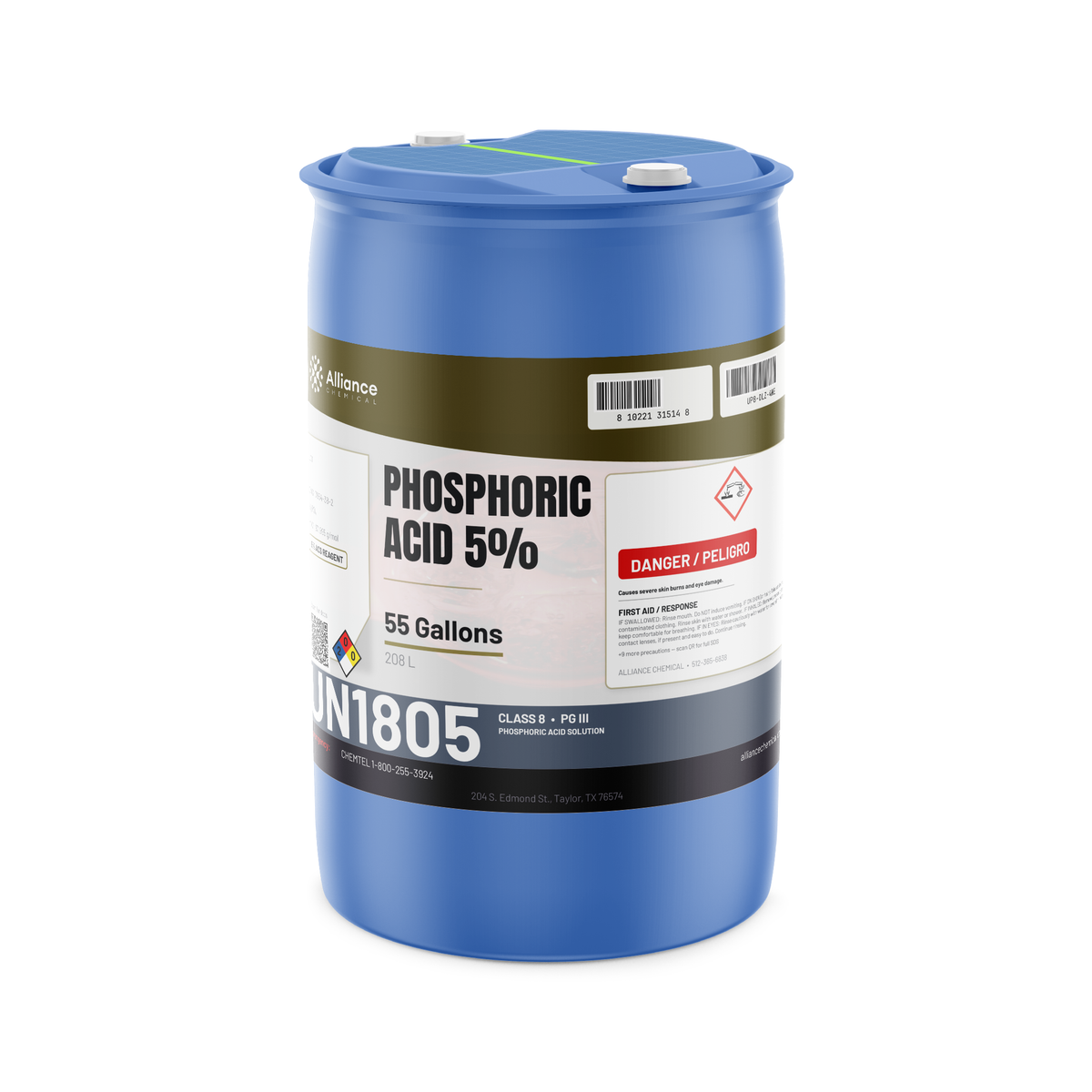 Phosphoric Acid 5% ACS Reagent Grade in a 55-gallon blue plastic drum from Alliance Chemical