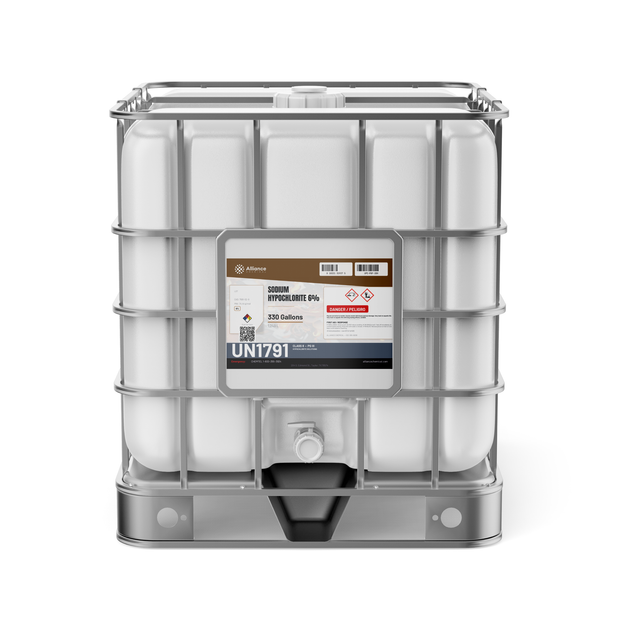 Sodium Hypochlorite 6% Technical Grade in a 330-gallon caged IBC tote from Alliance Chemical